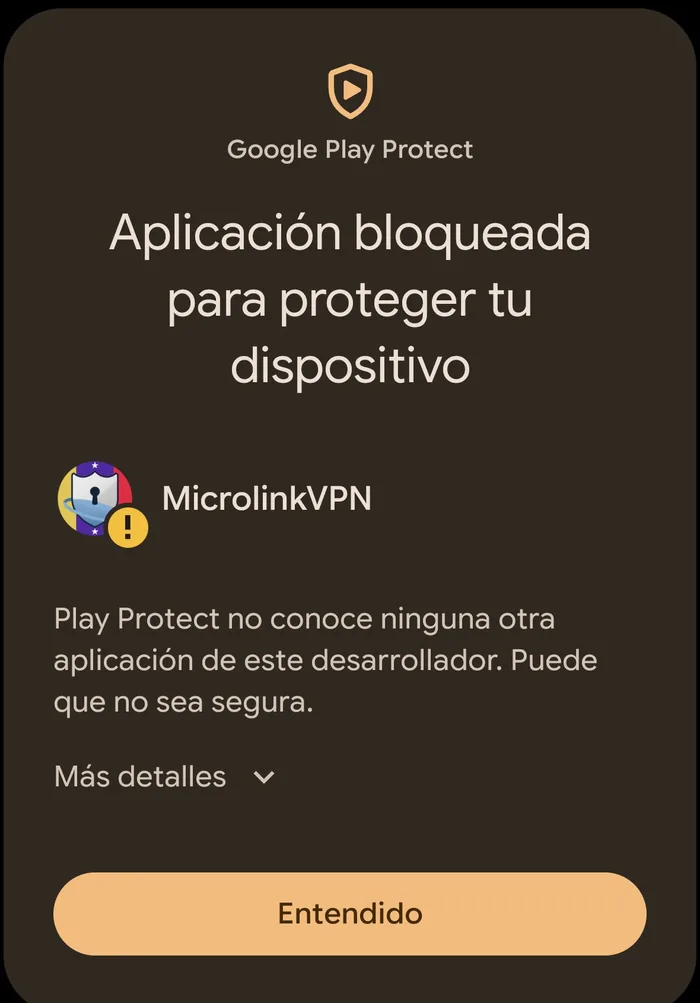 1º · La misma pantalla, idéntica en Android 16. Toca «Más detalles»; el botón azul «Entendido» cancela.