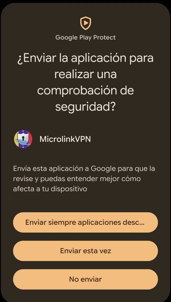 Sólo en Android 16: te pregunta si mandas la app a Google. Elige «Enviar esta vez» — te lo explicamos debajo.