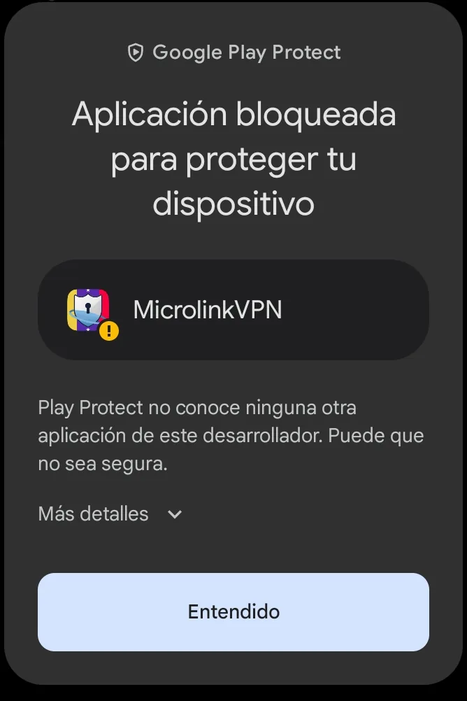 1º · Así sale sola. Todavía no enseña la opción de instalar: toca «Más detalles». El botón azul «Entendido» cancela.